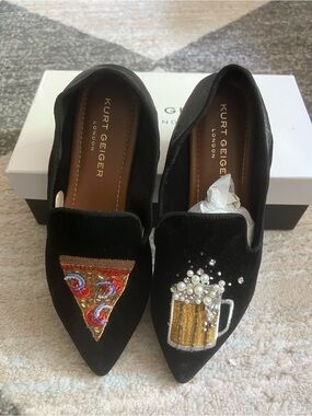 Kurt Geiger Black Velvet Pointed Loafers with Pizza and Beer Appliqués
